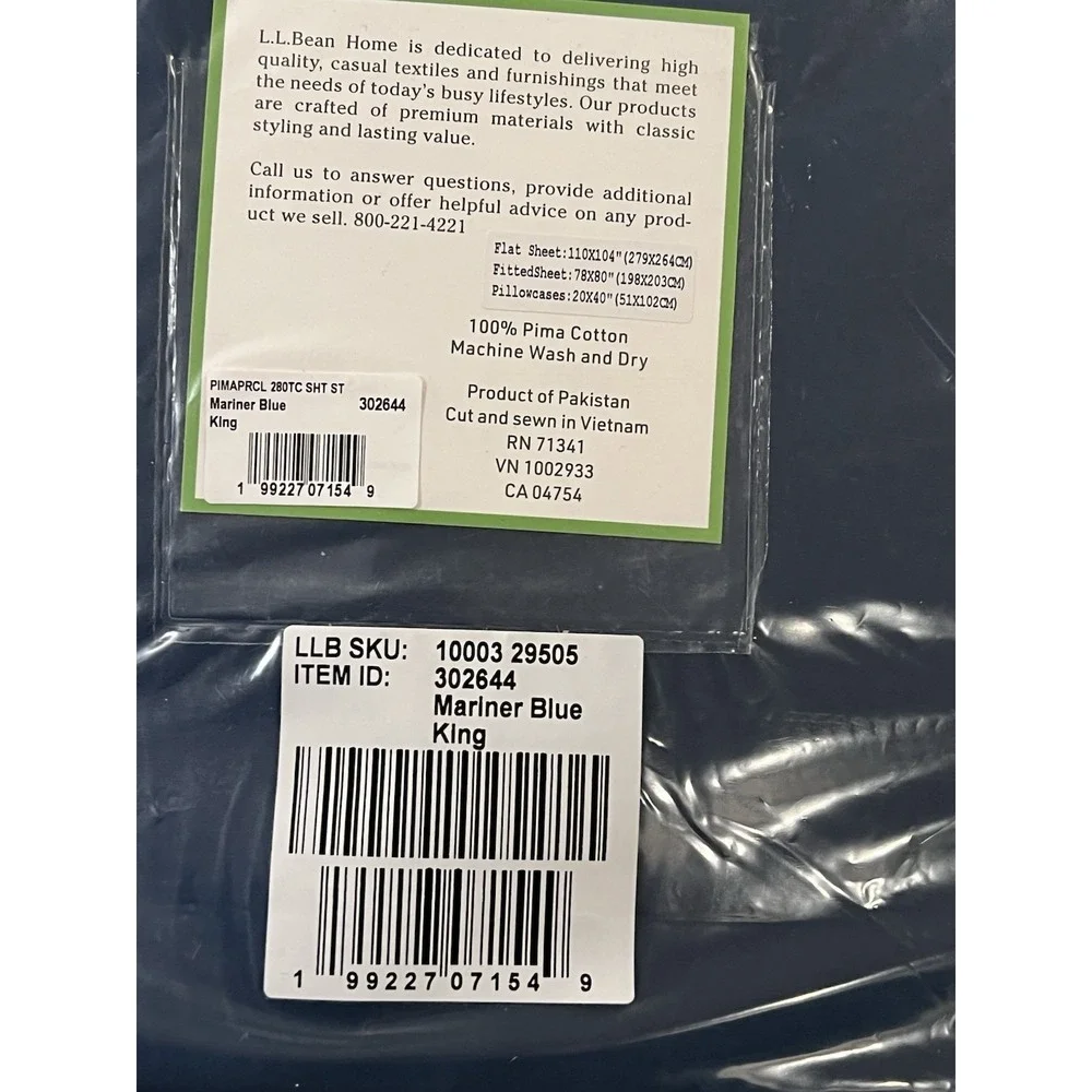 L.L.Bean Pima Percale Bedding 280TC King Sheets Mariner Blue Cotton NEW Navy